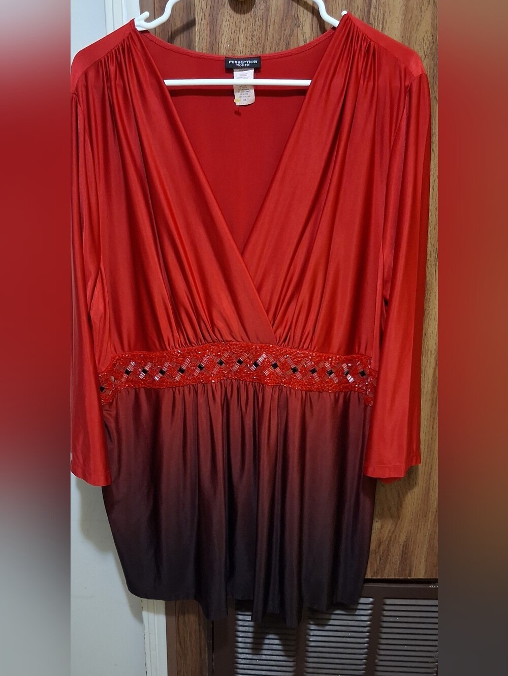 Perceptions Red to Black Ombre Beaded Waist Surplice Dress